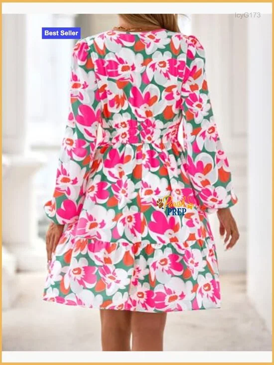 Floral Mini Dress Long Sleeve Elastic Waist Wedding Guest Vacation Outfit - Picture 3 of 7